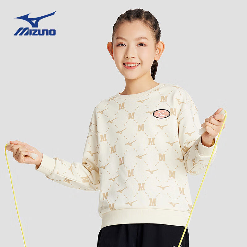 美津浓（MIZUNO）儿童春季时尚上衣圆领长袖套头衫针织logo卫衣 米色 120CM（35-50斤）