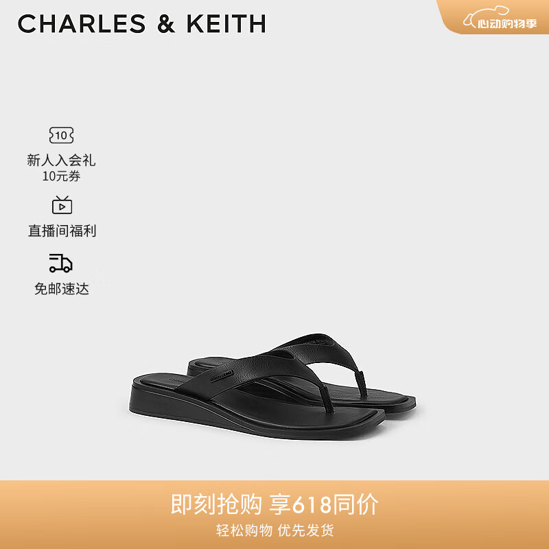 CHARLES&KEITH24夏季外穿休闲方头夹趾拖鞋女CK1-80360149 Black黑色 40