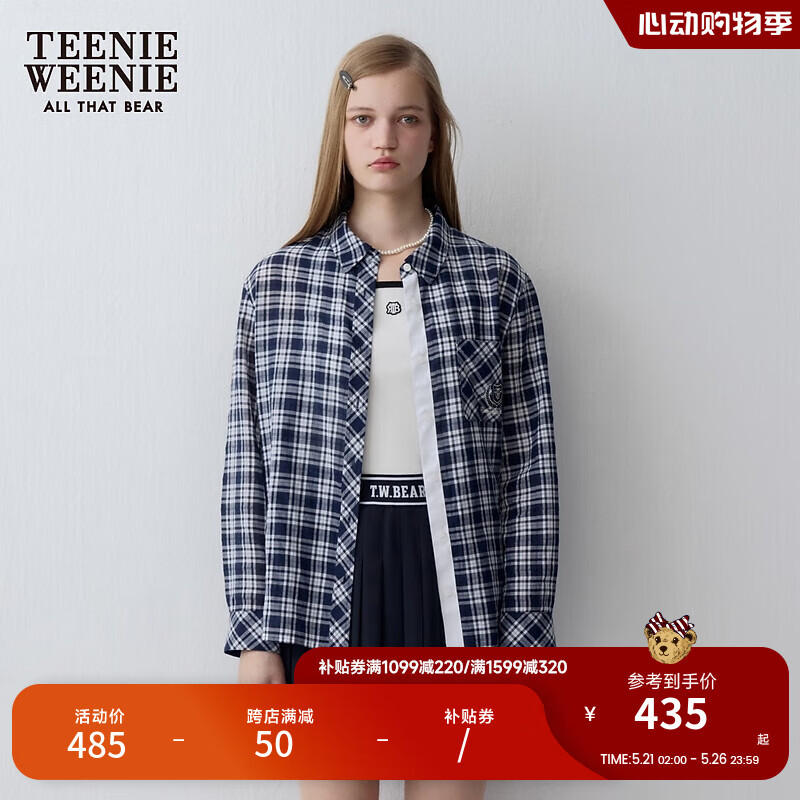 Teenie Weenie小熊女装2024夏季时尚格纹长袖衬衫宽松上衣衬衣 藏青色 155/XS