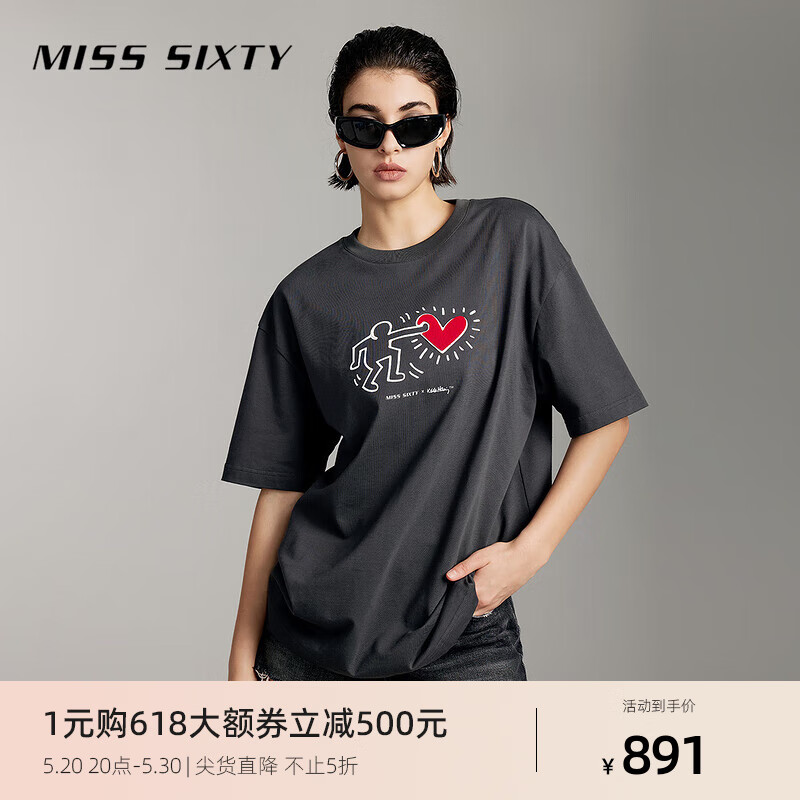 MISS SIXTY x Keith Haring 跨界合作系列2024夏季T恤女圆领 灰色 XS