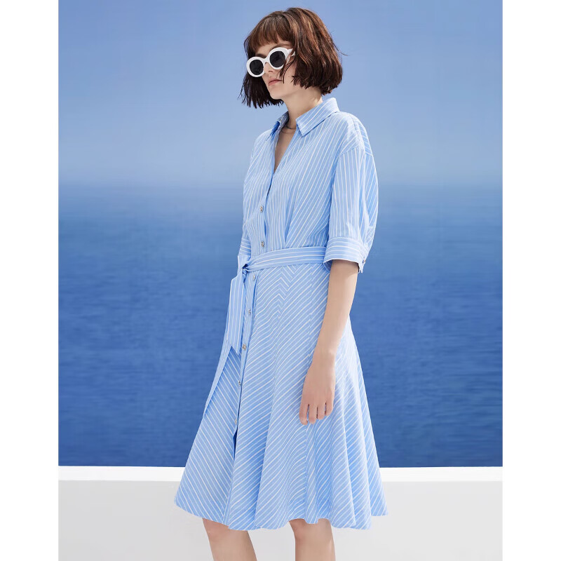 DKNY2024春夏条纹拼缝收腰系带荷叶裙摆衬衫连衣 蓝条纹 S(155/80A)