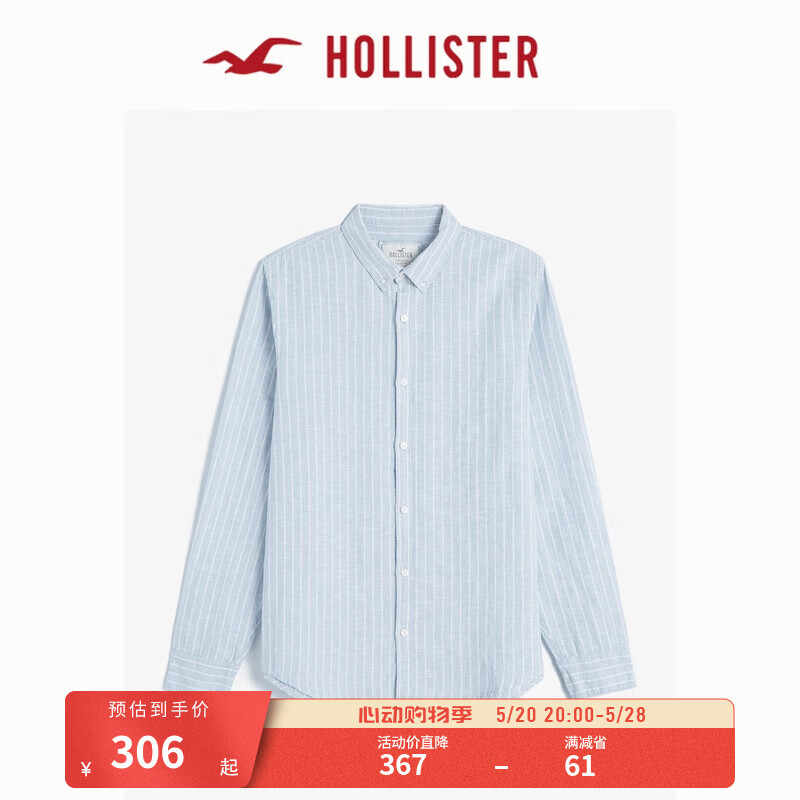 HOLLISTER24夏季休闲亚麻混纺透气翻领长袖衬衫男 KI325-4041 海军蓝条纹 M (180/100A)