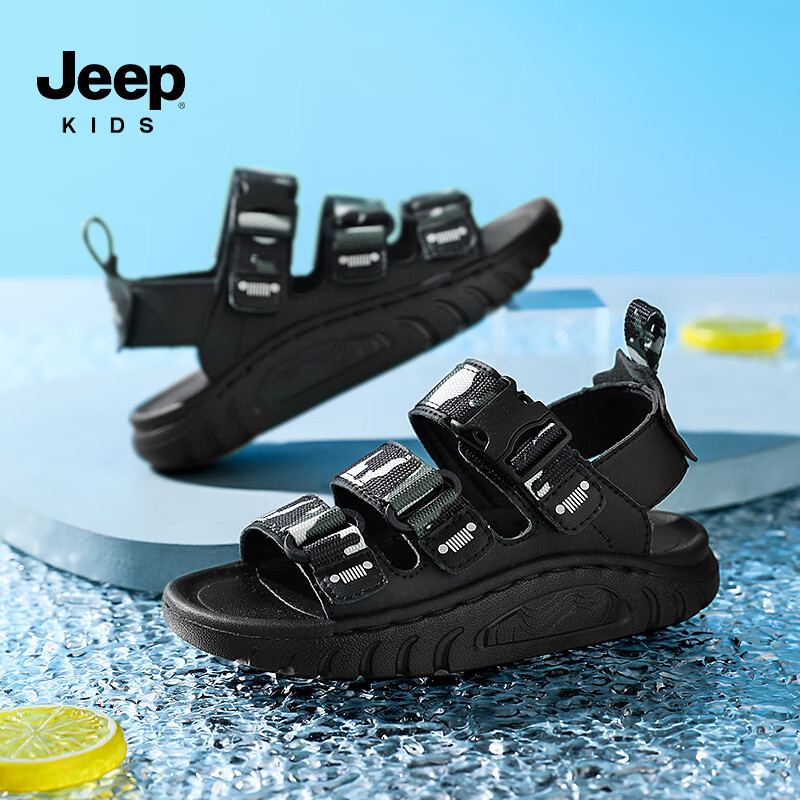 JEEP儿童运动凉鞋夏季软底防滑露趾沙滩鞋6-12岁童鞋 黑迷彩26 26（适合脚长15.9cm）