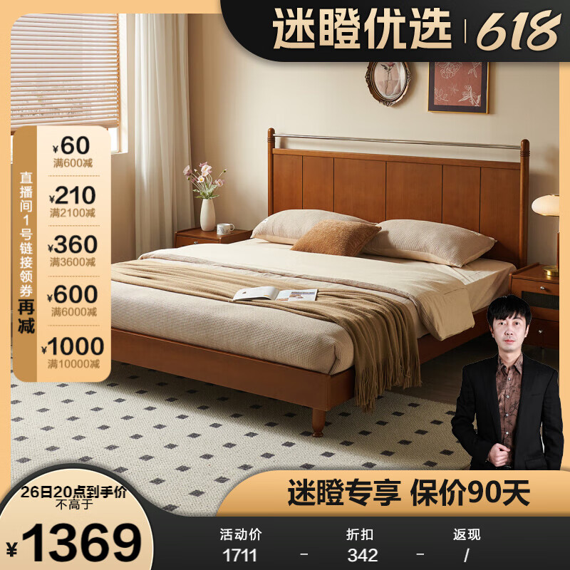 全友【迷瞪】129013柯梦小户型家用卧室1.5X2米实木脚单双人床 1.8米单床