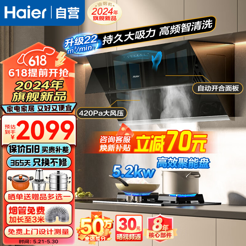 海尔（Haier）抽油烟机燃气灶套装 家用侧吸22风量油烟机 5.2火力聚能天然气灶 EC952+LQ2GS烟灶套装