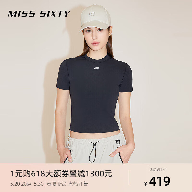 MISS SIXTY2024春季新款短T恤女圆领修身美式复古运动风正肩显瘦