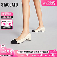 STACCATO 思加圖 春季淺口小香風單鞋粗跟中跟鞋女鞋9KZ32AQ3 米/黑 34