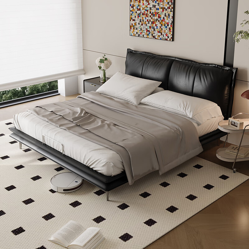 顾家家居（KUKA）现代意式纳帕皮床双人床卧室头层牛皮软床DS8192B 可可黑1.8*2.0m