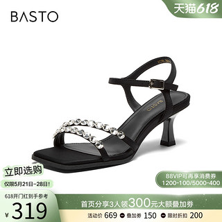 BASTO 百思图 2024夏季商场新款优雅闪钻一字带细跟女凉鞋高跟鞋A5298BL4