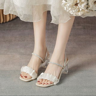 瓦米诺凉鞋女夏2024年新款透明水晶粗跟配裙子两穿拖鞋仙女风法式高跟鞋 杏色8.5厘米跟高 39