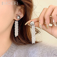 MOEFI 茉妃 流蘇麻灰珍珠耳環小眾設計感氣質耳飾女獨特耳釘鏈條 麻灰流蘇珍珠耳環