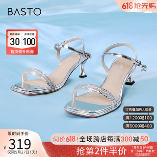 BASTO 百思图 24夏气质闪钻一字带细跟高跟凉鞋女时装凉鞋TT208BL4 银色 39