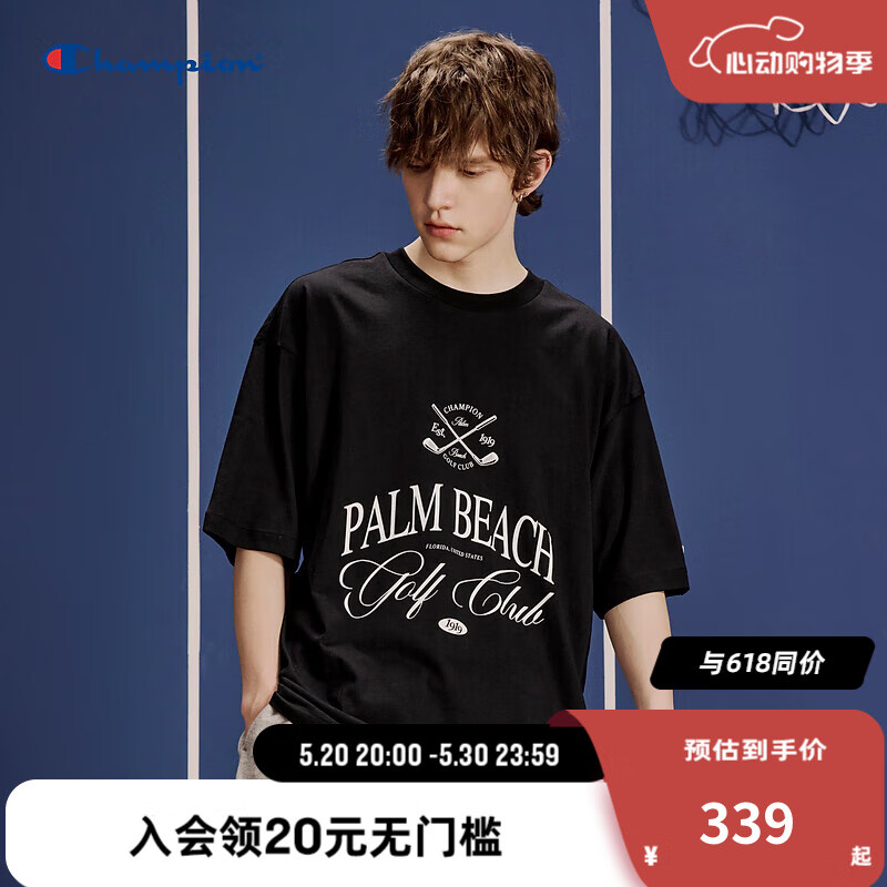 Champion冠军短袖男2024夏季趣味印花休闲短袖纯棉T恤潮 黑色 XL