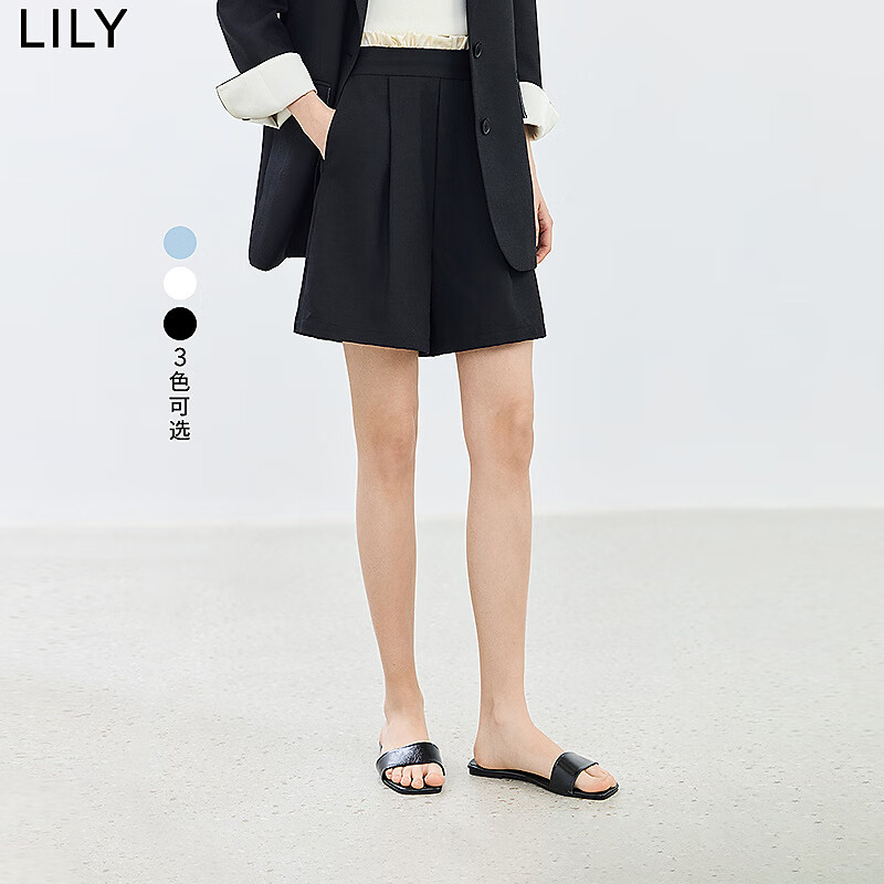 LILY2024夏女装设计感撞色腰头复古通勤时尚显瘦阔腿休闲短裤 510黑 M