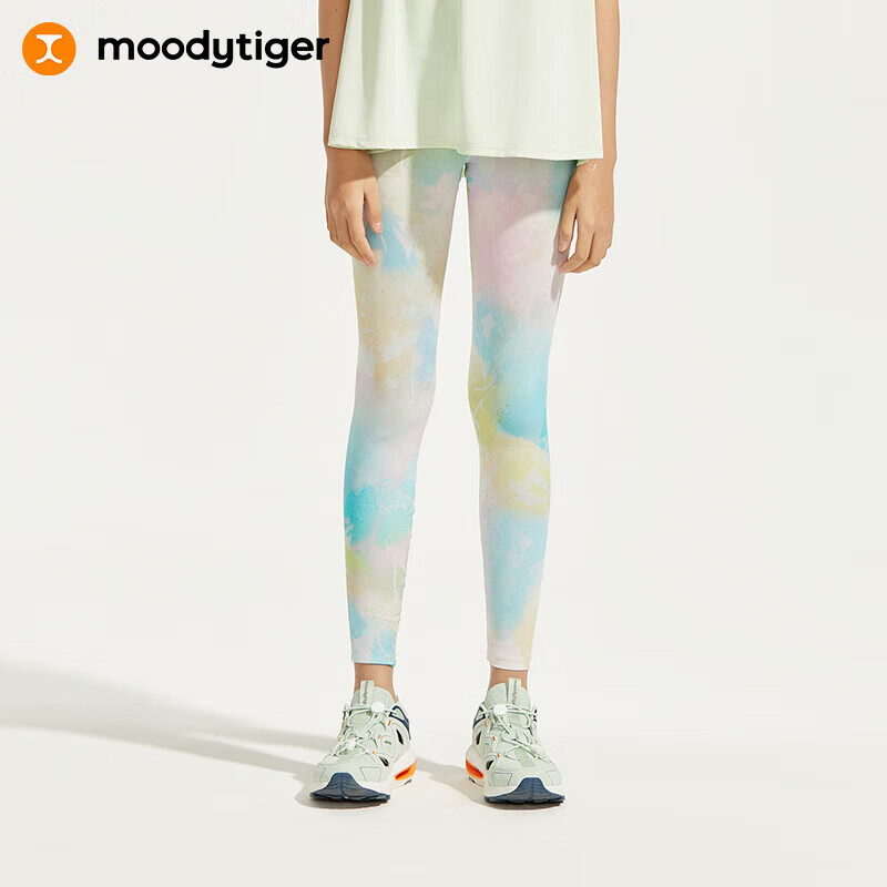 moodytiger女童瑜伽裤夏季户外防晒凉感儿童运动紧身裤子| 小轻风 氤梦粉 140cm