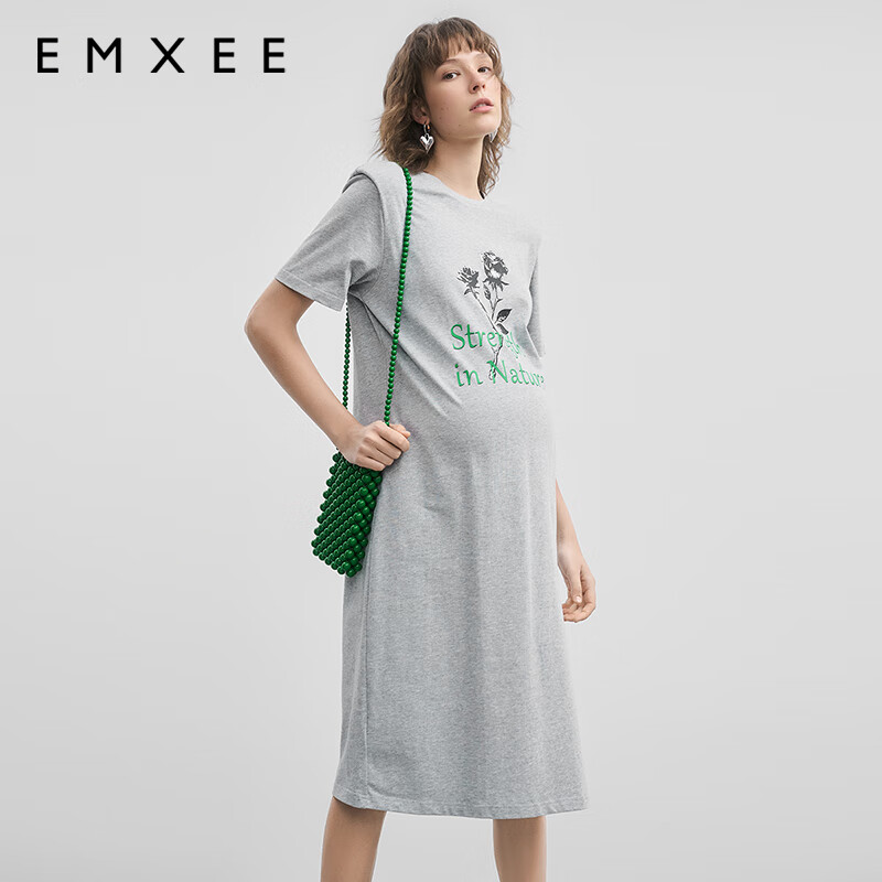 嫚熙（EMXEE）连衣裙2024夏季宽松大码短袖时尚外出显瘦装 浅花灰 XL