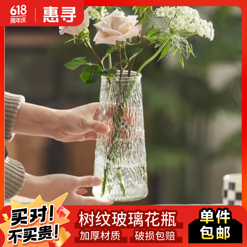 惠寻京东自有品牌简约创意透明玻璃花瓶水养玫瑰鲜北欧风客厅插花摆件 锥桶水波纹（）