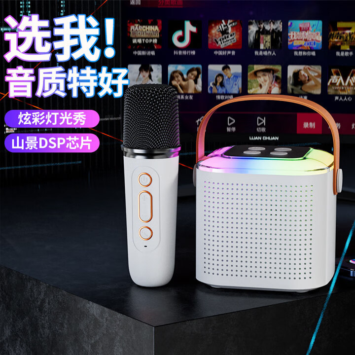 雅兰仕 便携式麦克风音响一体带话筒k歌音箱家庭KTV自带声卡无线蓝牙音箱家用卡拉ok儿童娱乐 单麦米色