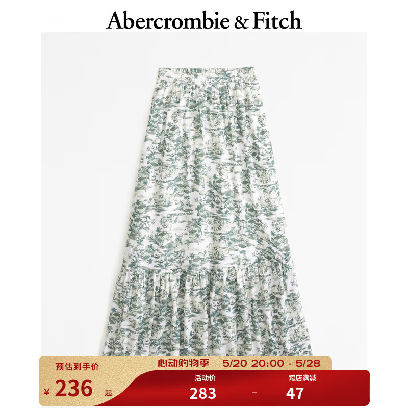 ABERCROMBIE & FITCH女装 24春夏新款亚麻混纺层叠式中长款半身裙KI143-4048