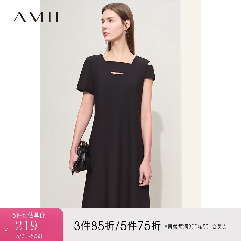 AMII2024夏不对称短袖直筒微弹梭织短款A字裙摆连衣裙女款 黑色 155/80A/S