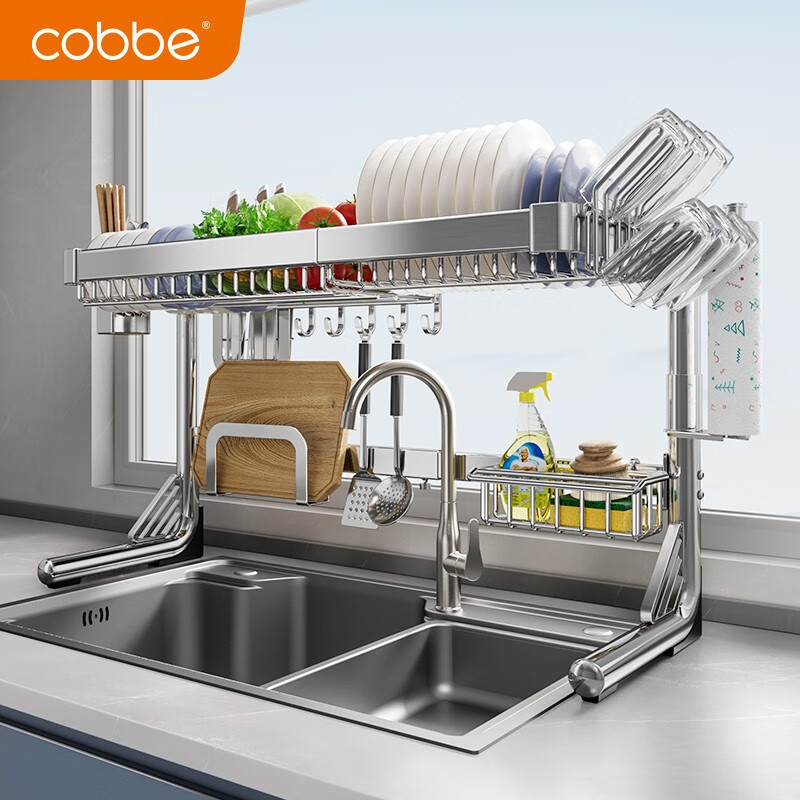 卡贝（cobbe）厨房置物架304不锈钢水槽架碗碟架沥水碗架水池台面洗碗架收纳架 304圆管单层-全配