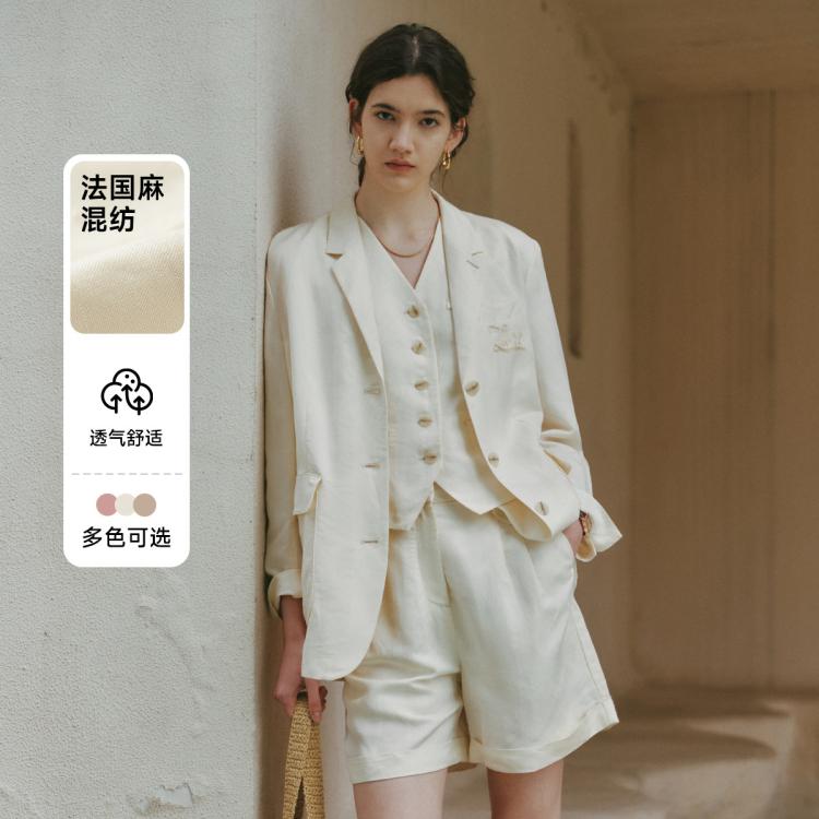 TEENIE WEENIE 西服小熊2024款老钱风法国麻西装外套亚麻混纺轻盈女装