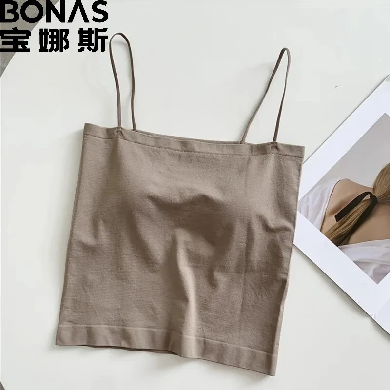宝娜斯（BONAS）精选固定杯美背吊带背心内 长款咖啡色 均码(90-130)
