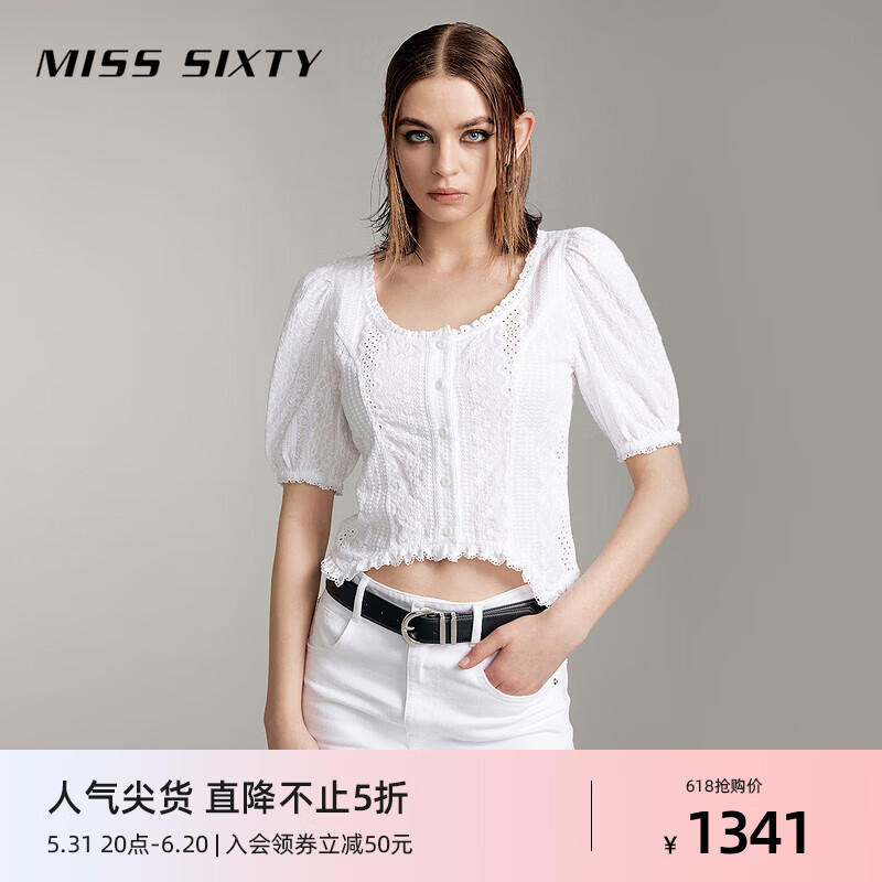 MISS SIXTY2024夏季衬衫女镂空刺绣花边清新休闲气质白色上衣 漂白 S