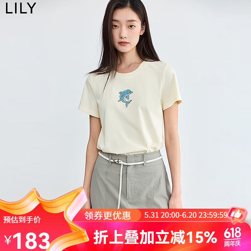 丽丽 LILY2024夏季新品索罗娜凉感趣味小海豚印花短袖合身白色T恤女 202浅黄 L