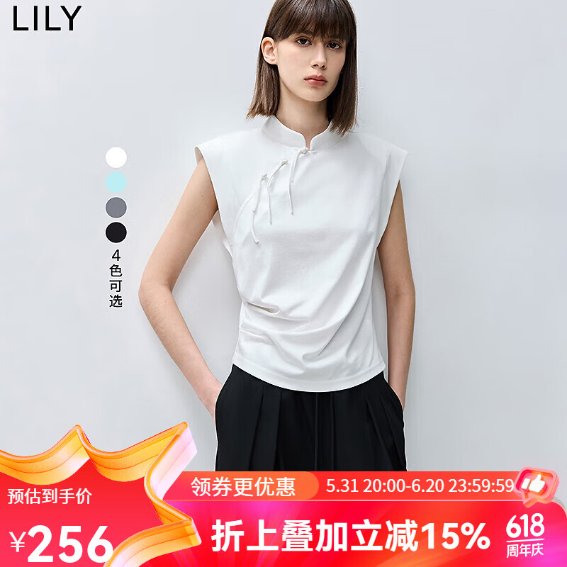 LILY2024夏新中式设计感腰部褶皱微收腰显瘦无袖纯色百搭T恤 604米白 XL