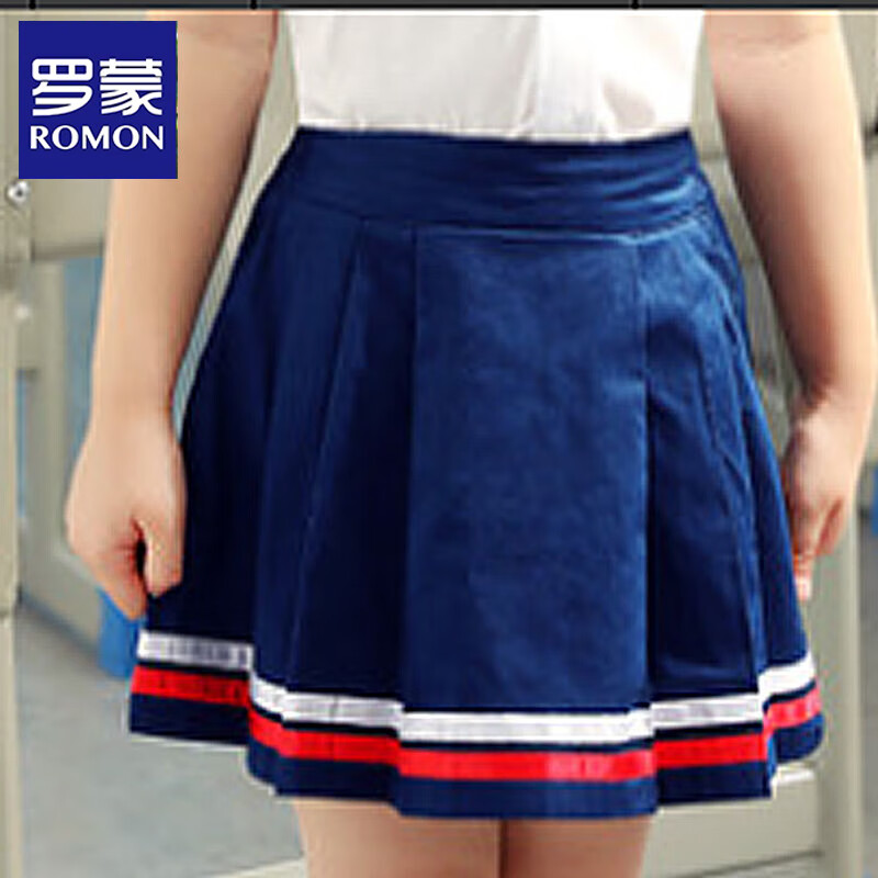 罗蒙女童百褶裙半身短裙大童女孩裙子套装儿童学院风季 藏青色红白条 140cm