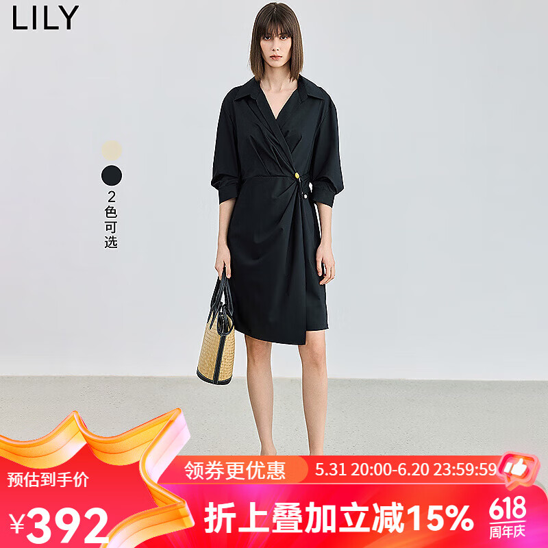 LILY2024夏女装气质设计感不对称腰扣中长款衬衫连衣裙小个子 510黑 S