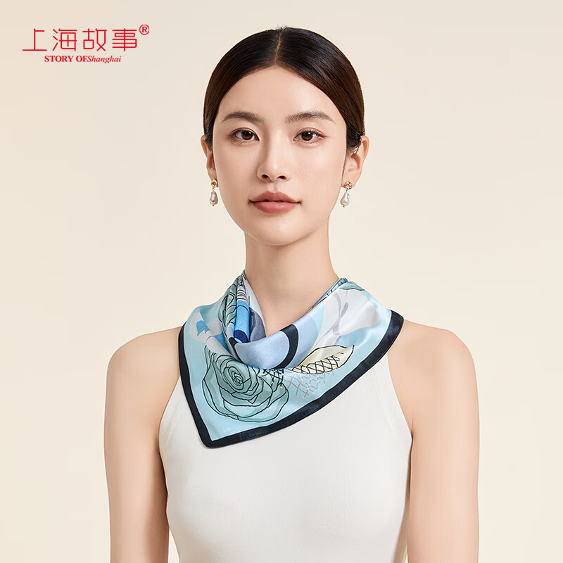 上海故事（STORYOFshanghai）母亲节蓝色100%真丝小方巾丝巾女礼盒装 油彩玫瑰 53×53cm