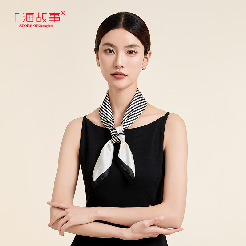 上海故事（STORYOFshanghai）母亲节黑白条纹真丝丝巾女2024高档方巾礼盒 气质条纹白 65×65cm