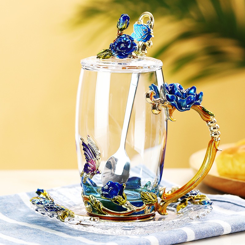 Luxury Flowers创意蓝玫瑰珐琅彩水杯茶杯欧式玻璃果汁杯套装家用耐高温花茶杯送 蓝玫瑰高款+勺+盖+盘-礼盒 350ml