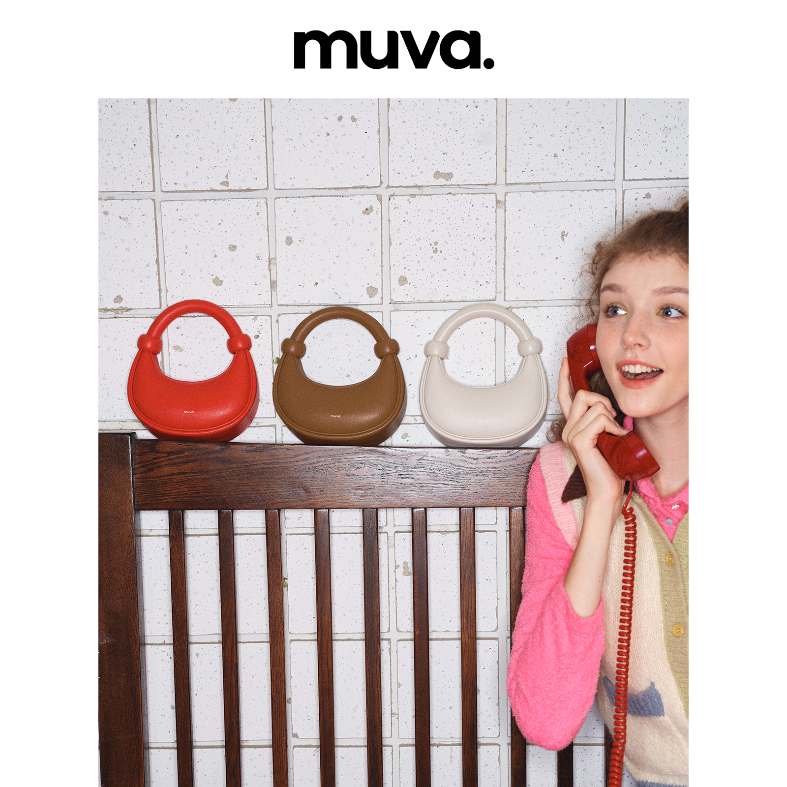 MUVA原创设计小众设计珠珠包手提包女红色小包包真皮月牙包斜挎包