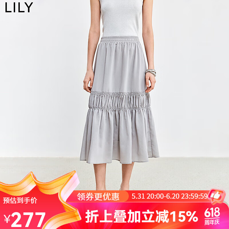 LILY2024夏季轻都市温柔气质纯色通勤款百搭中长款褶皱半身裙 501灰色 S