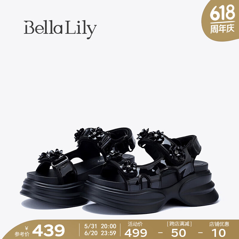 Bella Lily2024夏季魔术贴黑色凉鞋女增高罗马鞋厚底沙滩鞋子 黑色 35