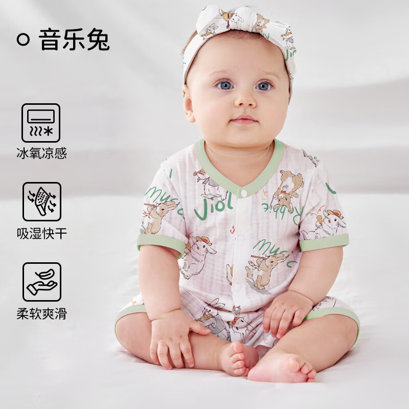 欧孕2024婴儿连体衣夏季婴幼儿衣服男女宝宝薄款空调服哈衣长袖睡袋 音乐兔(短袖) 100码