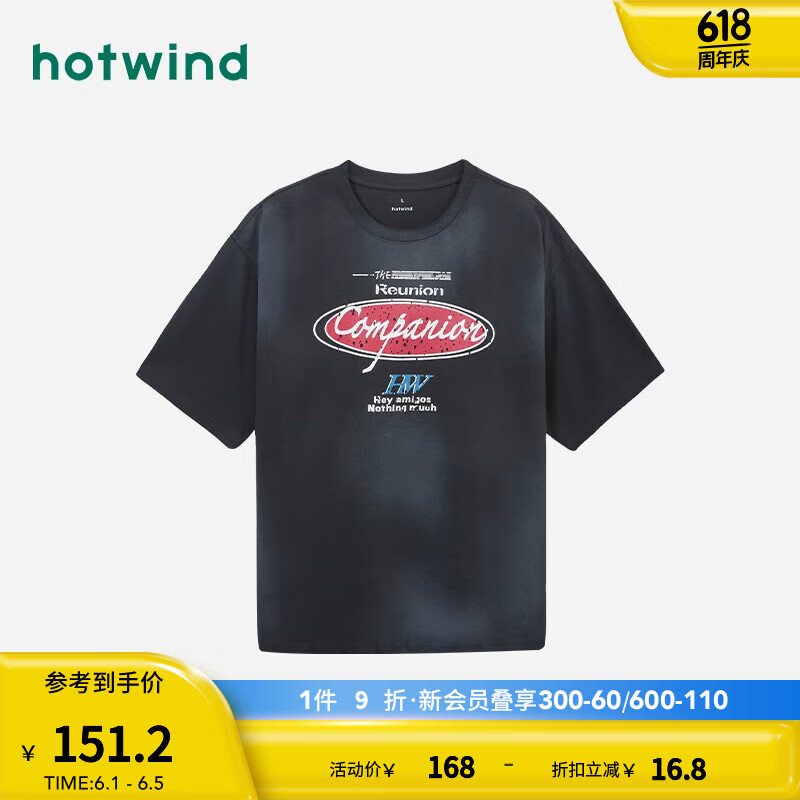 热风（Hotwind）短袖t恤男2024年夏季男士潮流字母休闲舒适亲肤宽松印花短T 27深兰 S