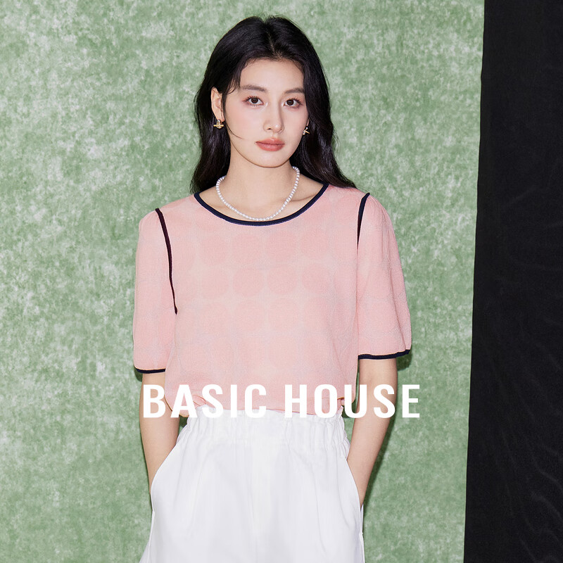 百家好（Basic House）莱赛尔短袖针织衫小众撞色圆点上衣显瘦B0624B5S102 粉色 S