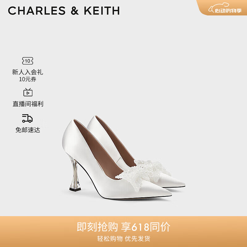 CHARLES&KEITH24夏尖头蝴蝶结高跟鞋单鞋婚鞋女SL1-60280459 White白色 34