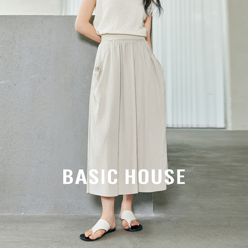 百家好（Basic House）抽绳大口袋高腰半身裙松紧腰直筒长裙2024B0624H5X302 灰绿色 M