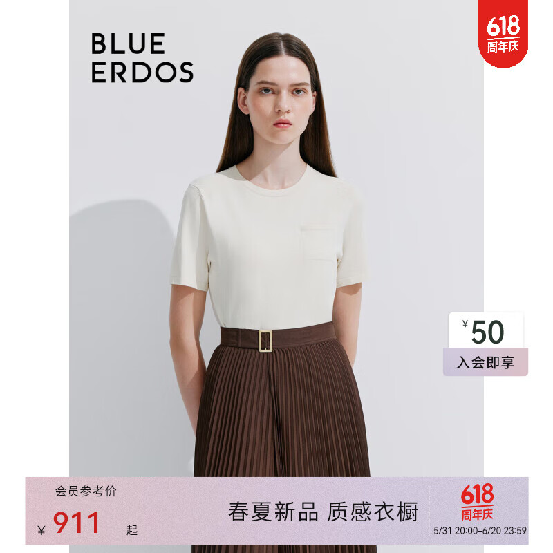 BLUE ERDOS针织短袖女24春夏圆领清凉舒适亲肤休闲百搭T恤内搭B245D0076 象牙白 170/88A/L