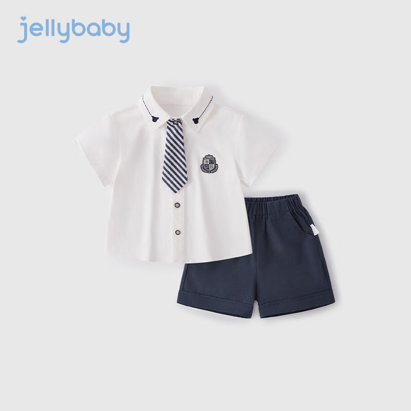 JELLYBABY男童套装夏季宝宝短袖短裤两件套小童学院风衣服夏款儿童夏装2024 米白 90CM