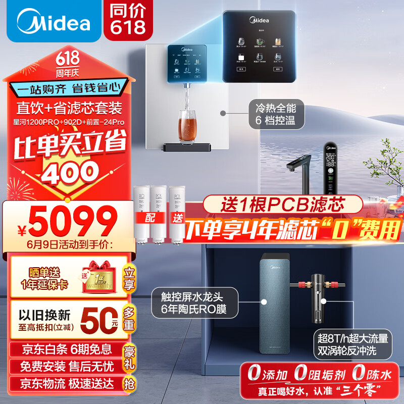 美的（Midea）省芯直饮冷热净水器套装【星河1200pro+管线机902D+前置-24pro】厨下反渗透 壁挂式加热一体净饮机