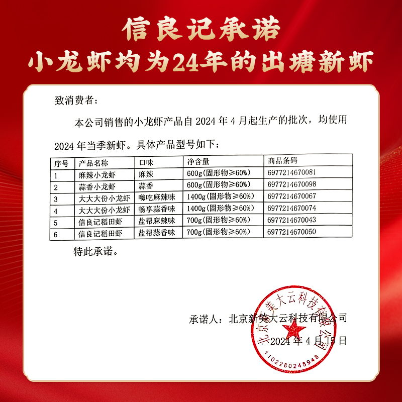 2024年信良记 XINLIANGJI出塘新虾麻辣蒜香整虾小龙虾 1400g*2加热即食