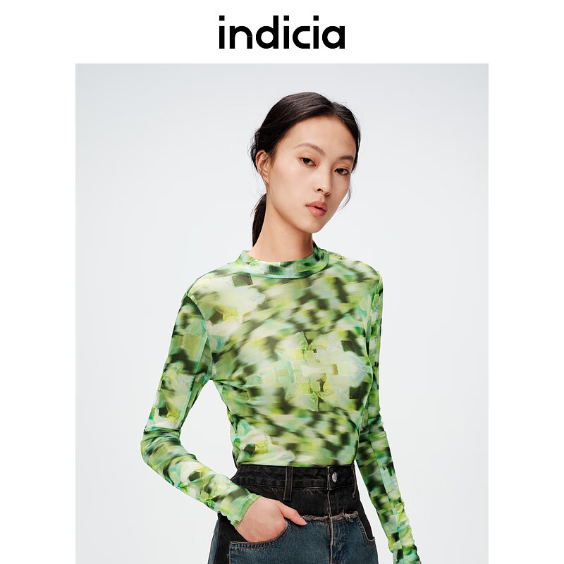 indicia标记24春季设计感打底衫修身半高领上衣女C6A402SY016 绿色 S
