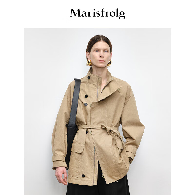 Marisfrolg玛丝菲尔卡其色立领时尚收腰风衣外套 卡其 M