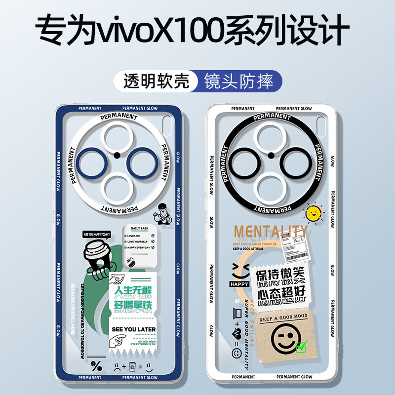 XP适用vivox100pro手机壳镜头全包vivox100spro透明软壳散热硅胶卡通创意男女生款防摔-白框心态超好